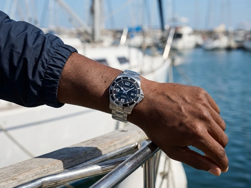Montre Longines HydroConquest L3.742.4.56.6 à cadran noir et lunette tournante portée au poignet