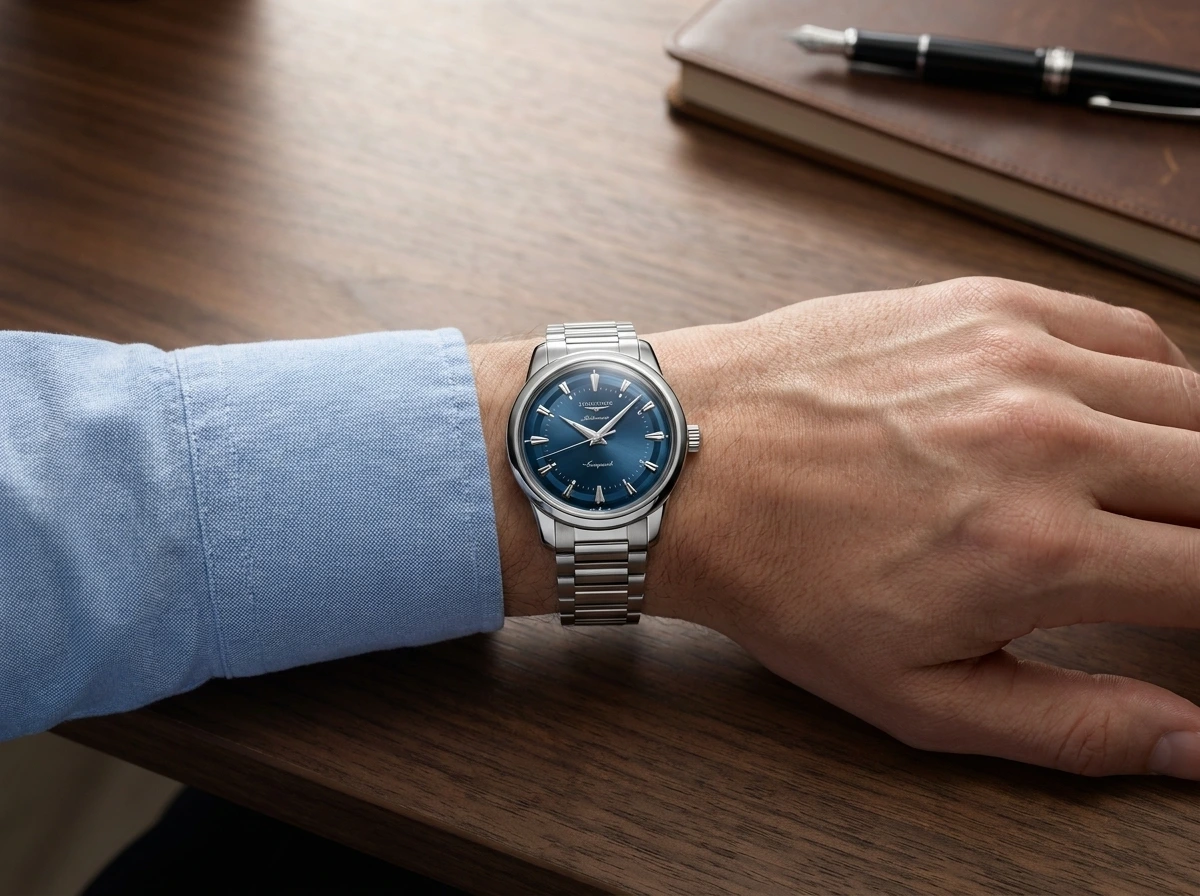 Montre Longines Conquest Heritage L1.649.4.92.6 à cadran bleu soleillé portée au poignet