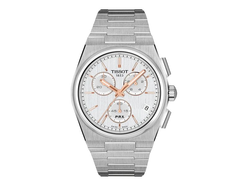Montre Tissot PRX Chrono quartz 41 mm à cadran argenté brossé et bracelet acier intégré