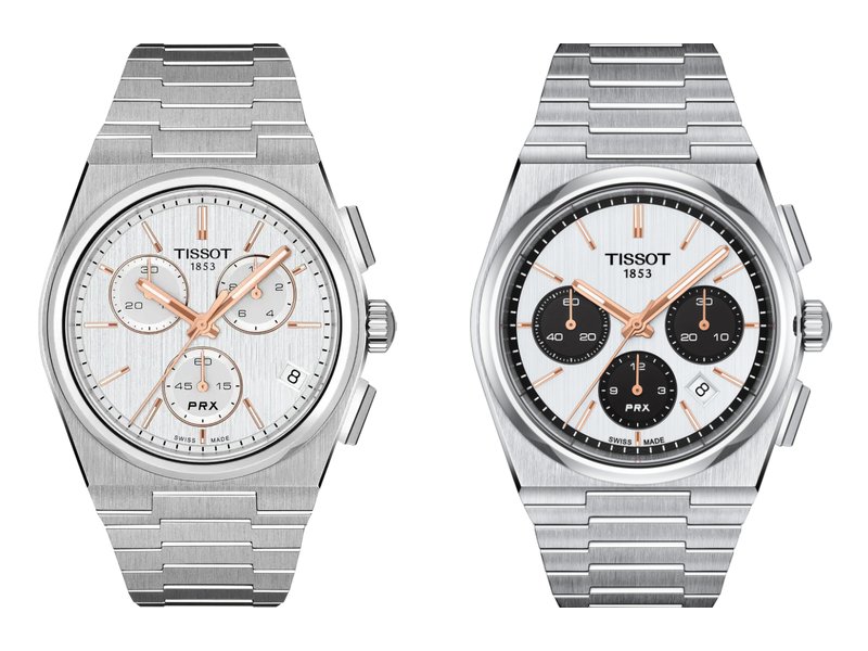 Montre Tissot PRX Chrono quartz à gauche et PRX Automatic Chronographe à droite, côte à côte