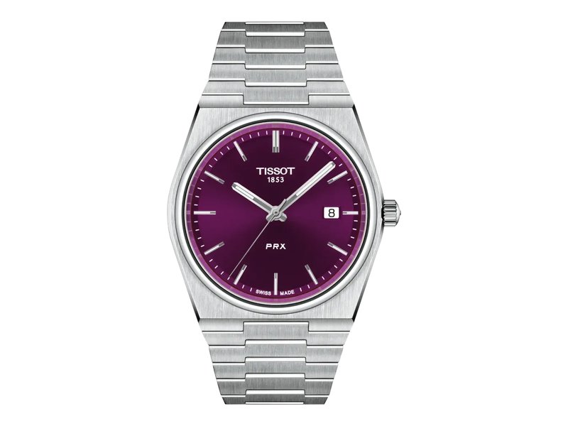 Montre Tissot PRX 40 mm quartz à cadran violet et bracelet acier intégré