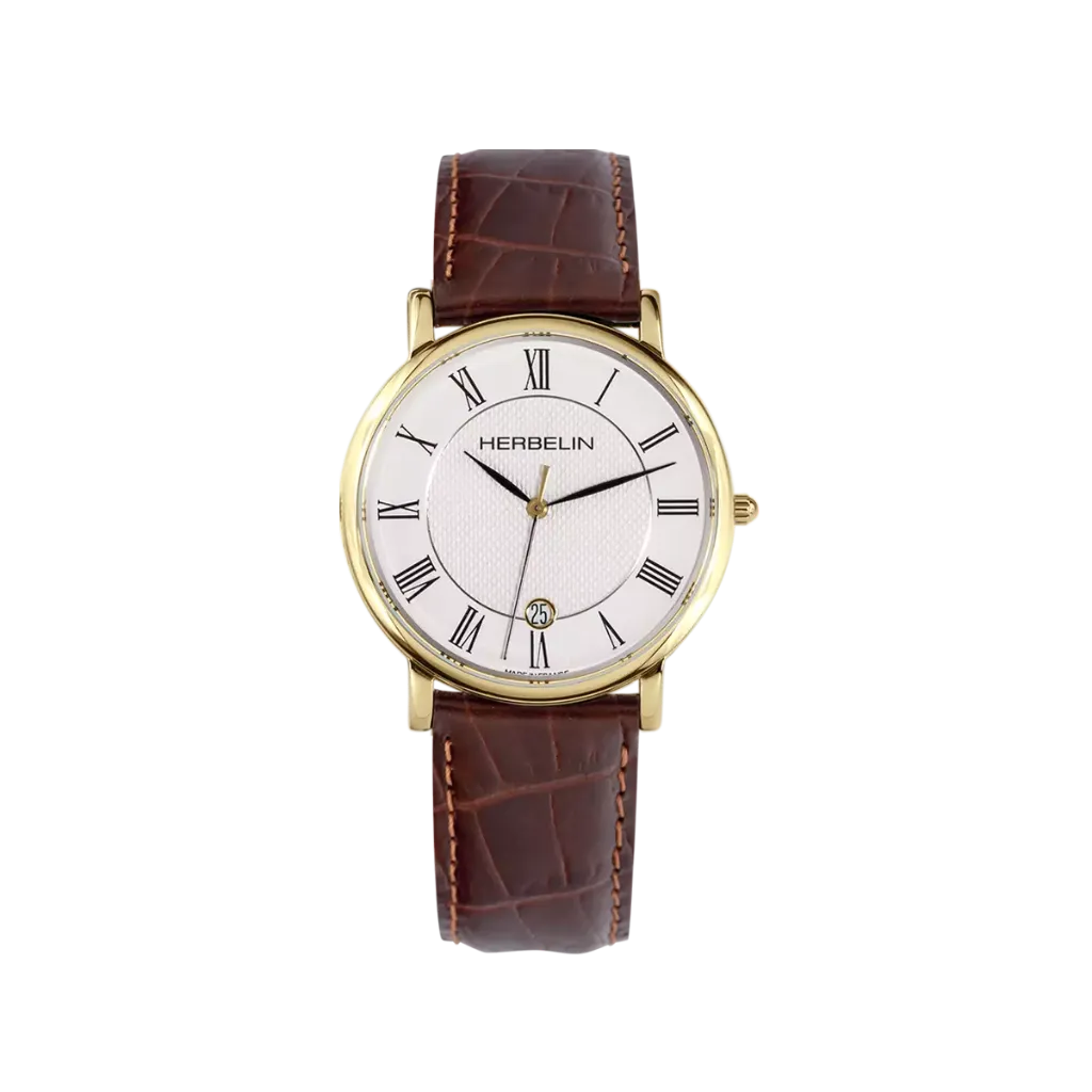 [12248P08MA] Montre Michel Herbelin Classique - Quartz - PVD Or Jaune & Cuir Brun 12248P08MA