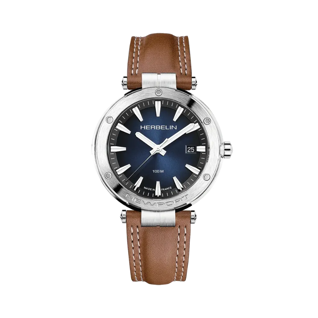 [12288A15GD] Montre Michel Herbelin Newport - Quartz Date - Acier, Bleu & Cuir 12288A15GD